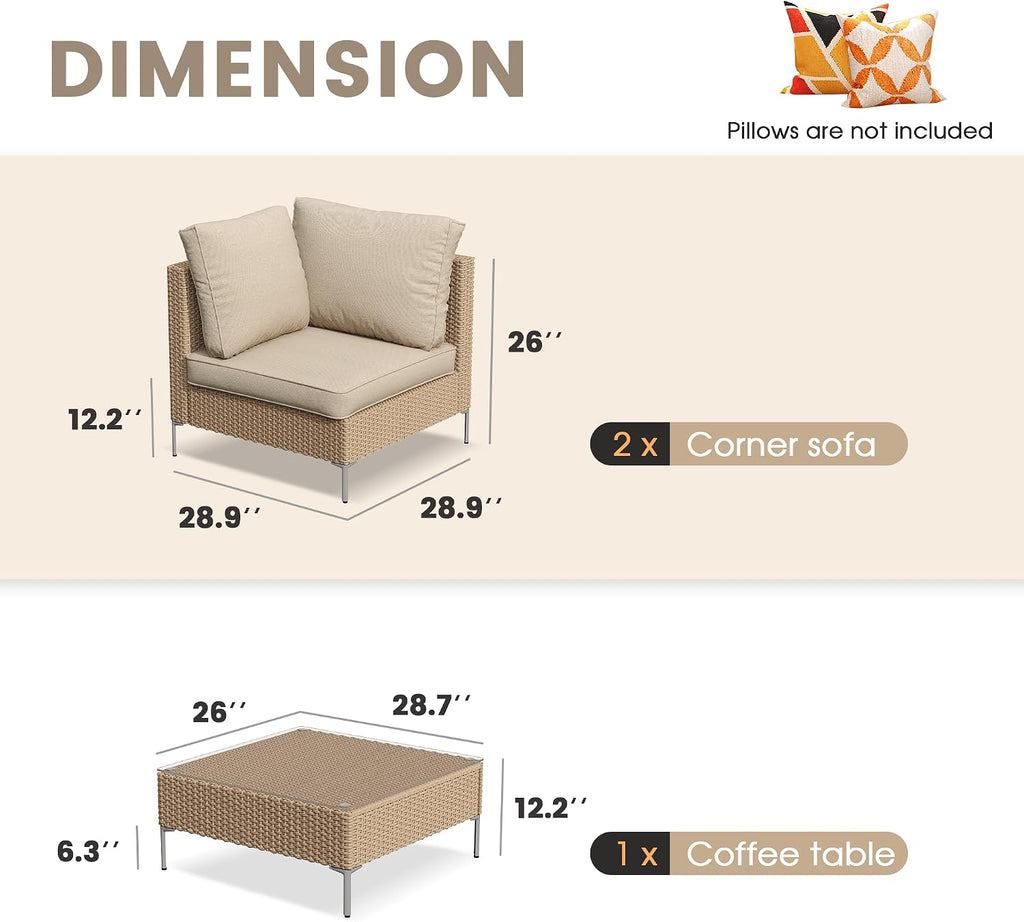 VICLLAX 3 Pieces Wicker Patio Furniture Set, Outdoor Conversation Set of 2 Armless Wicker Sofas with Cushions and Glass-top Tea Table for Deck, Backyard, Garden, Oak Rattan