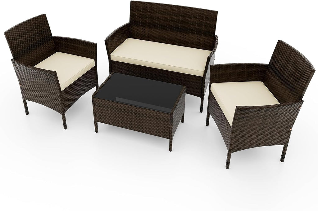 RELAX4LIFE 4-Piece Patio Furniture Set - Rattan Outdoor Conversation Bistro Set w/Cushions, Glass Coffee Table, Wicker Chairs & Loveseat for Garden Backyard Porch, Balcony Furniture Set (1, Beige)