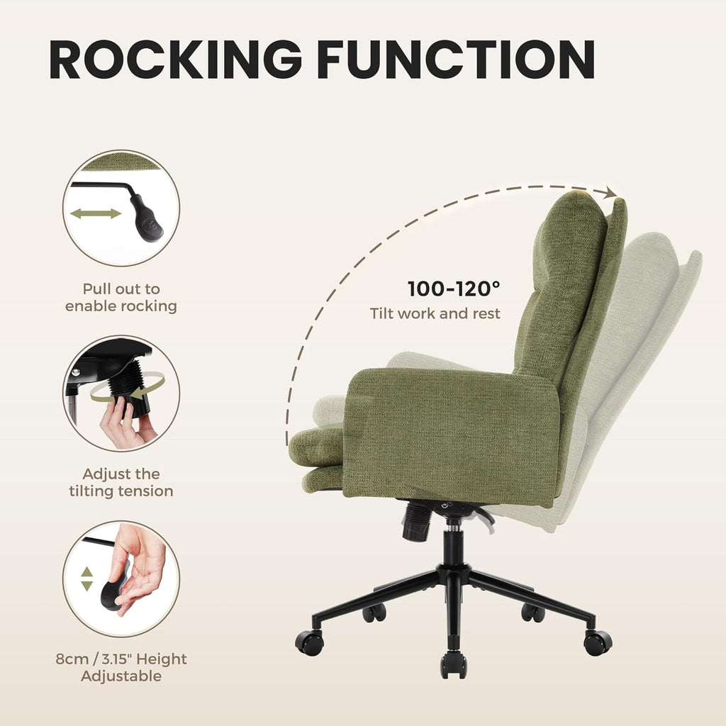 IWMH High-Back Home Office Chair,Upholstered Desk Chair with Armrests,Height Adjustable Armchair with Wheels, Swivel Office Desk Chair, Ergonomic Computer Task Chair, Leisure Armchair Cashmere (Green)