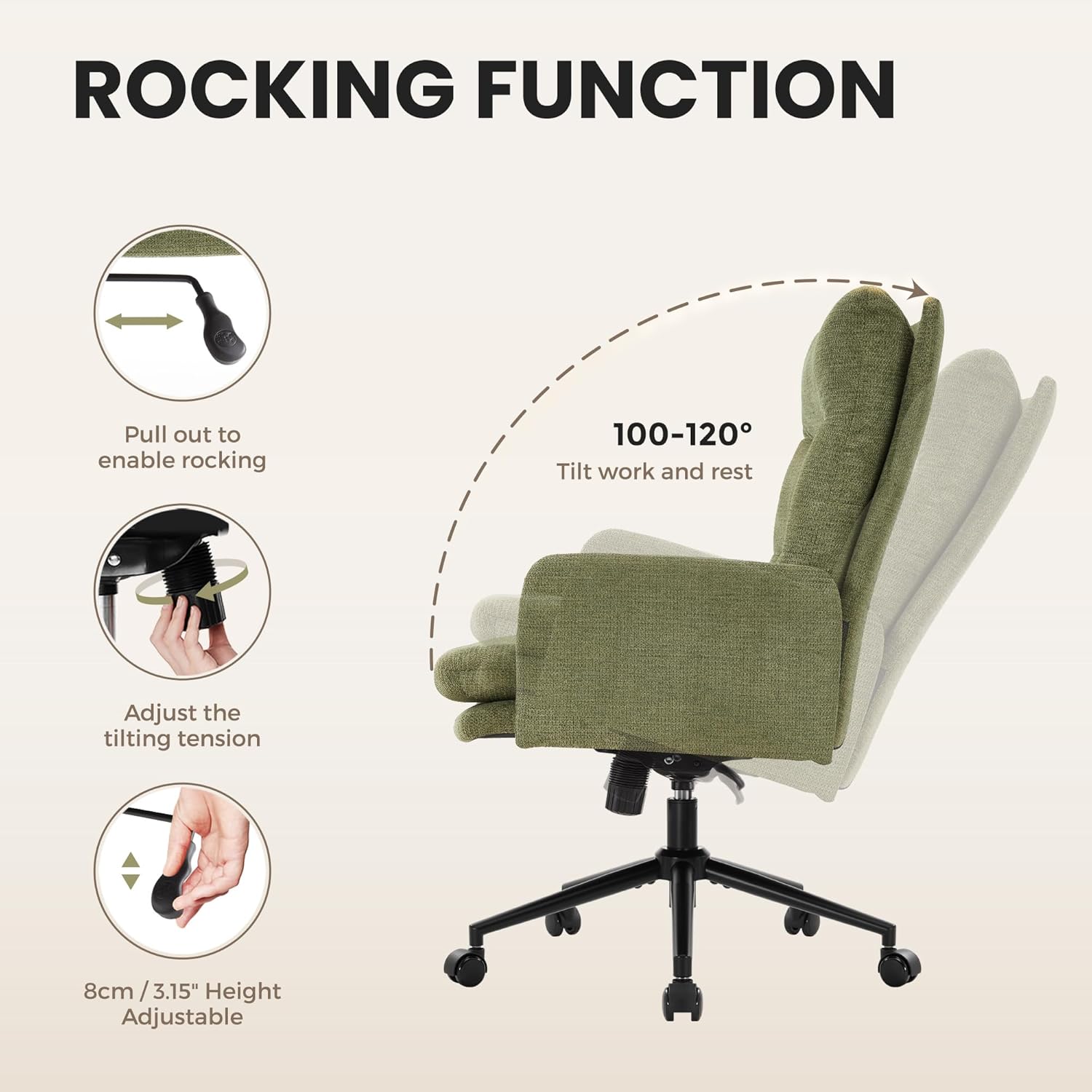 IWMH High-Back Home Office Chair,Upholstered Desk Chair with Armrests,Height Adjustable Armchair with Wheels, Swivel Office Desk Chair, Ergonomic Computer Task Chair, Leisure Armchair Cashmere (Green)