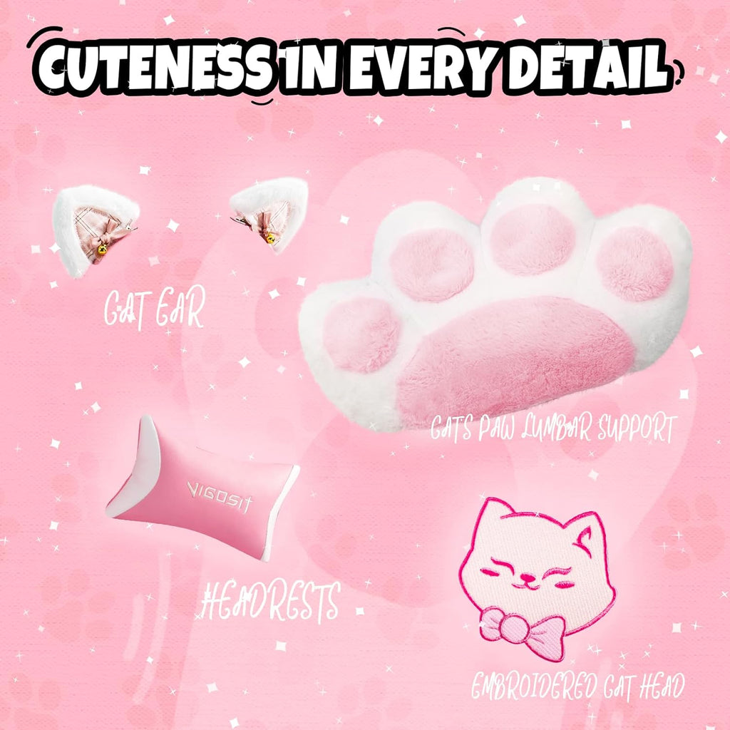 Vigosit Pink Cat Gaming Chair with Footrest, Ergonomic Cute Gamer Chair with Cat Ears, Comfortable Desk Computer Chair for Girls Adults