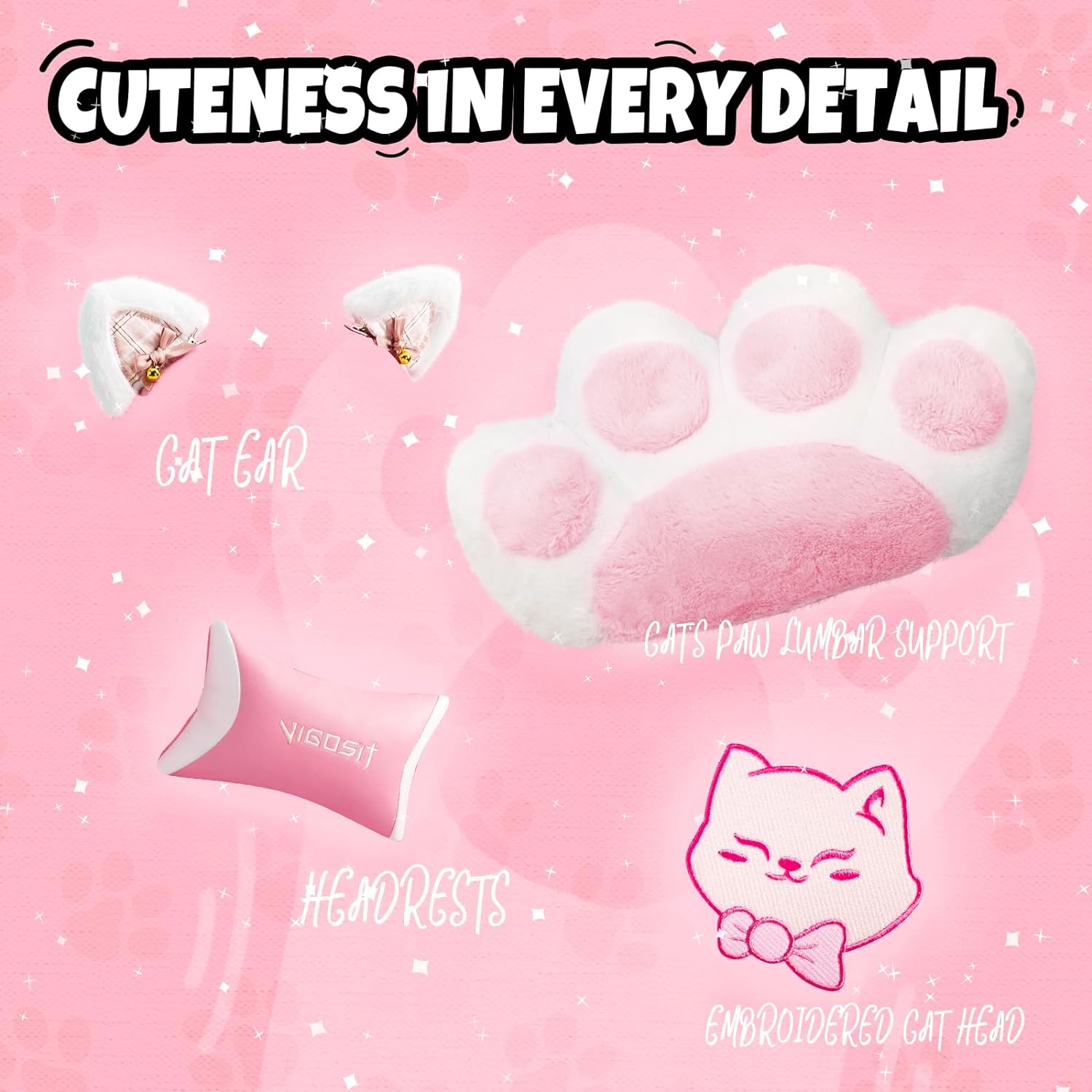 Vigosit Pink Cat Gaming Chair with Footrest, Ergonomic Cute Gamer Chair with Cat Ears, Comfortable Desk Computer Chair for Girls Adults