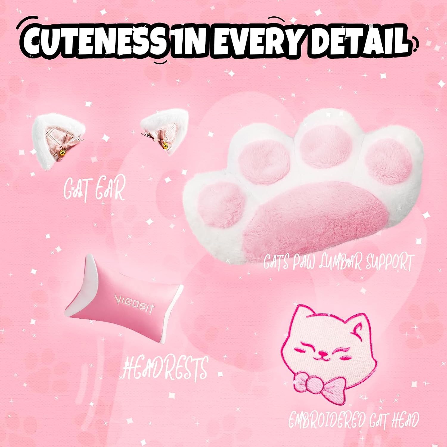 Vigosit Cute Cat Gaming Chair with Paw Lumbar Cushion, PC Video Gamer Chair for Girl Teen Woman (Pink)