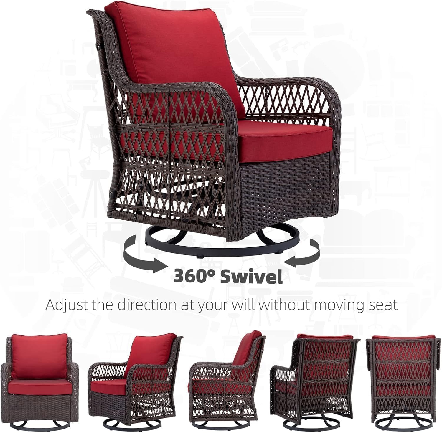GarveeHome 3-Piece Outdoor Wicker Rattan Swivel Rocking Chair Set with Armored Glass Side Table & Premium Cushions - 360° Swivel Patio Furniture for Backyard, Porch, Deck, Balcony, Garden, Red