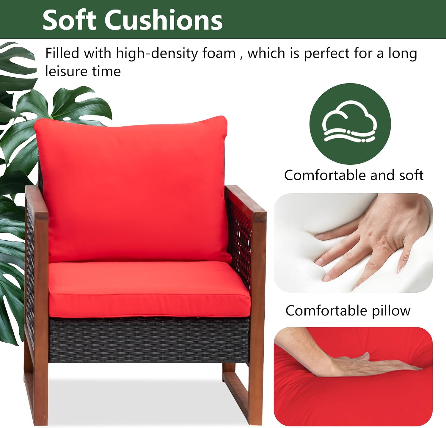 PayLessHere 3 Pieces Patio Set Wicker Patio Furniture Acacia Wood Outdoor Patio Furniture Set Rattan Chair Conversation Sets Bistro Set with Coffee Table and Water Resistant Cushions(Red)