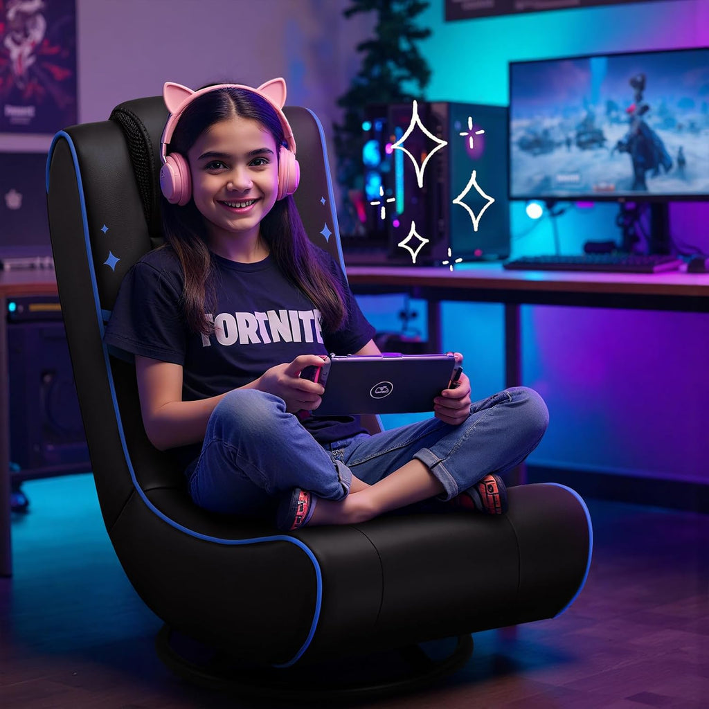 GTPLAYER Floor Gaming Chair Foldable Swivel Floor Chairs for Kids Boys Comfy Video Game Seat with 360° Multipurpose for Gamers, Bedroom or Game Room(Black-Blue)