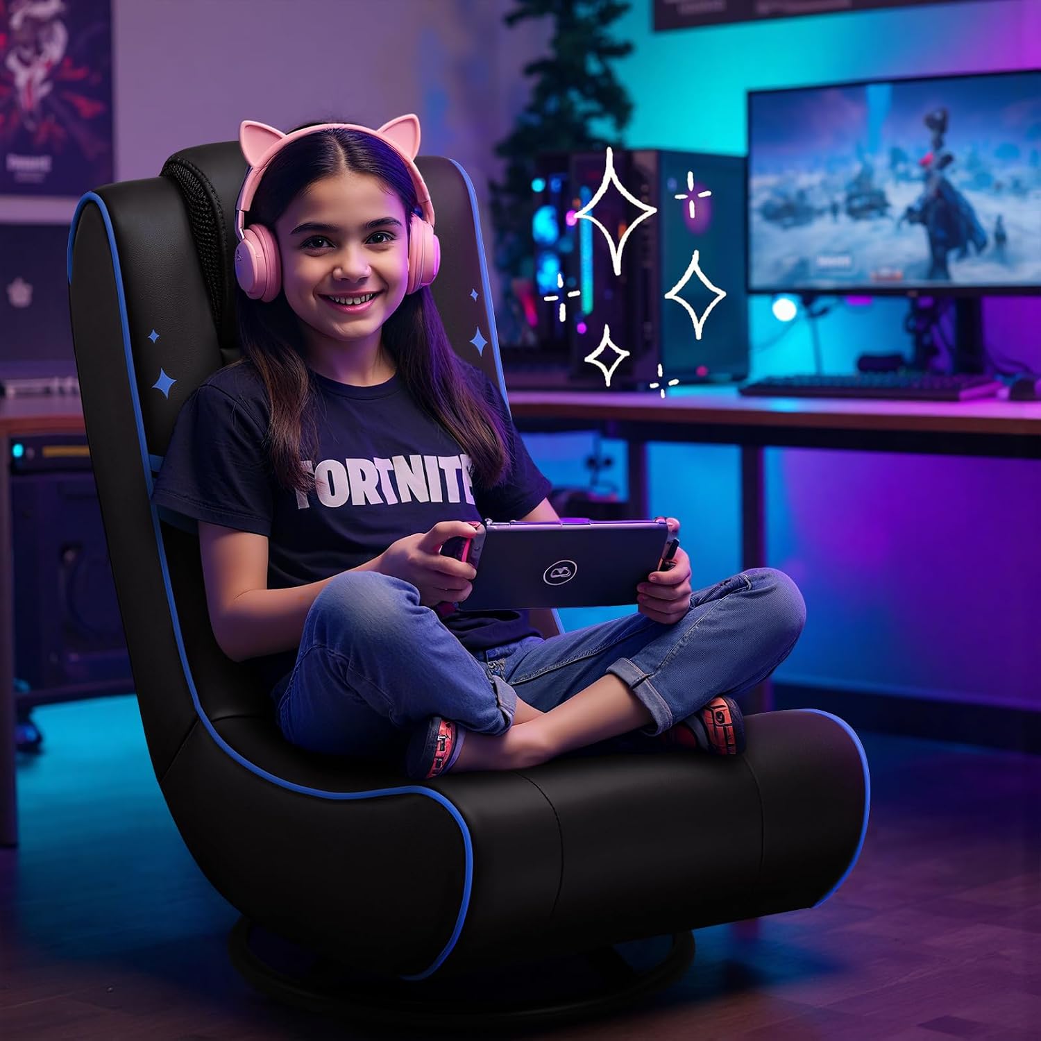 GTPLAYER Floor Gaming Chair Foldable Swivel Floor Chairs for Kids Boys Comfy Video Game Seat with 360° Multipurpose for Gamers, Bedroom or Game Room(Black-Blue)