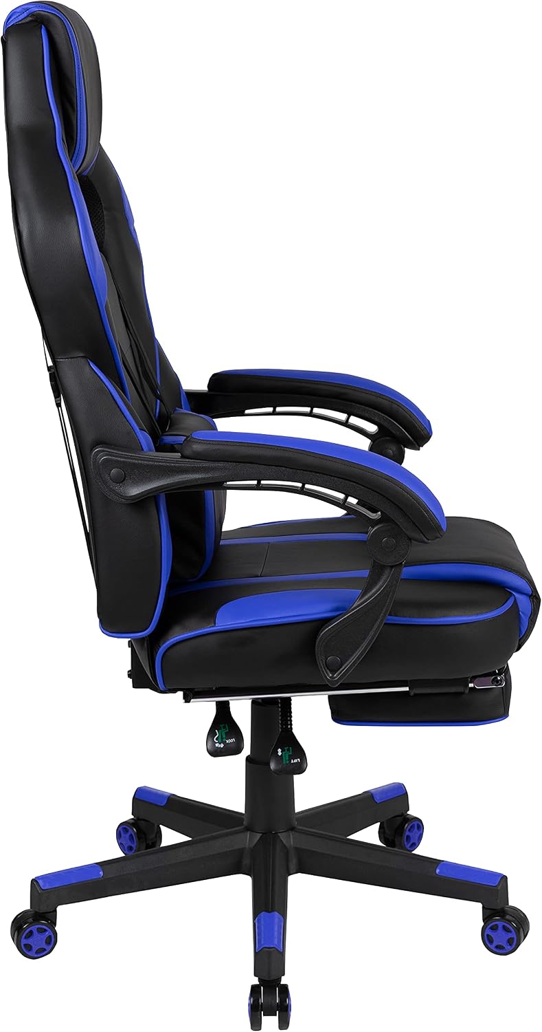 Flash Furniture X40 Gaming Chair Racing Ergonomic Computer Chair with Fully Reclining Back/Arms, Slide-Out Footrest, Massaging Lumbar - Black/Blue