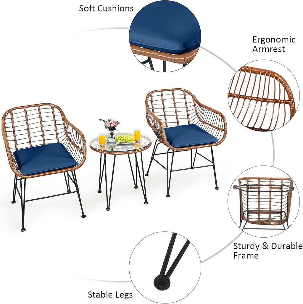 Tangkula 3 Pieces Patio Conversation Bistro Set, Outdoor Wicker Furniture w/Round Tempered Glass Top Table & 2 Rattan Armchairs, Bistro Chat Set w/Seat Cushions for Porch, Backyard, Garden