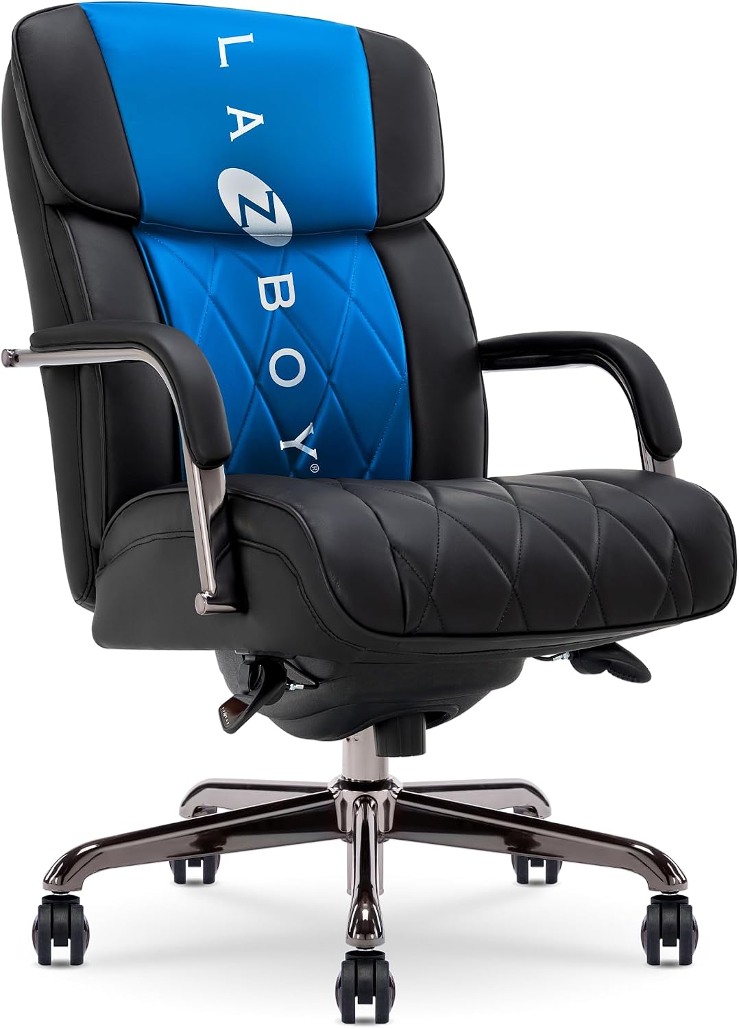 La-Z-Boy Symphony Executive Mid-Back Office Chair, Diamond Quilt Seat and Back, Pocket Coil Cushion, Padded Armrests, Ergonomic Computer DeskChair, Swivel Metal Base, Bonded Leather, Black/Graphite