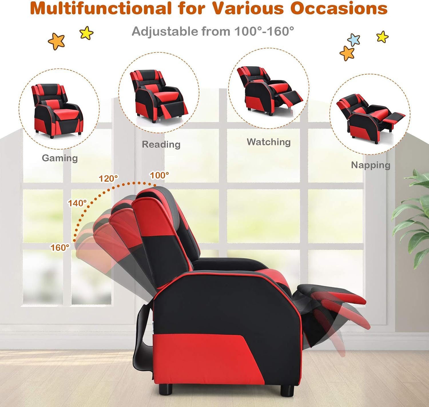 Giantex Kids Recliner, Gaming Recliner Chair with Footrest, Headrest & Lumbar Support, Ergonomic Leather Lounge Chair Toddler Furniture, Adjustable Racing Style Recliner Sofa for Boys Girls, Red