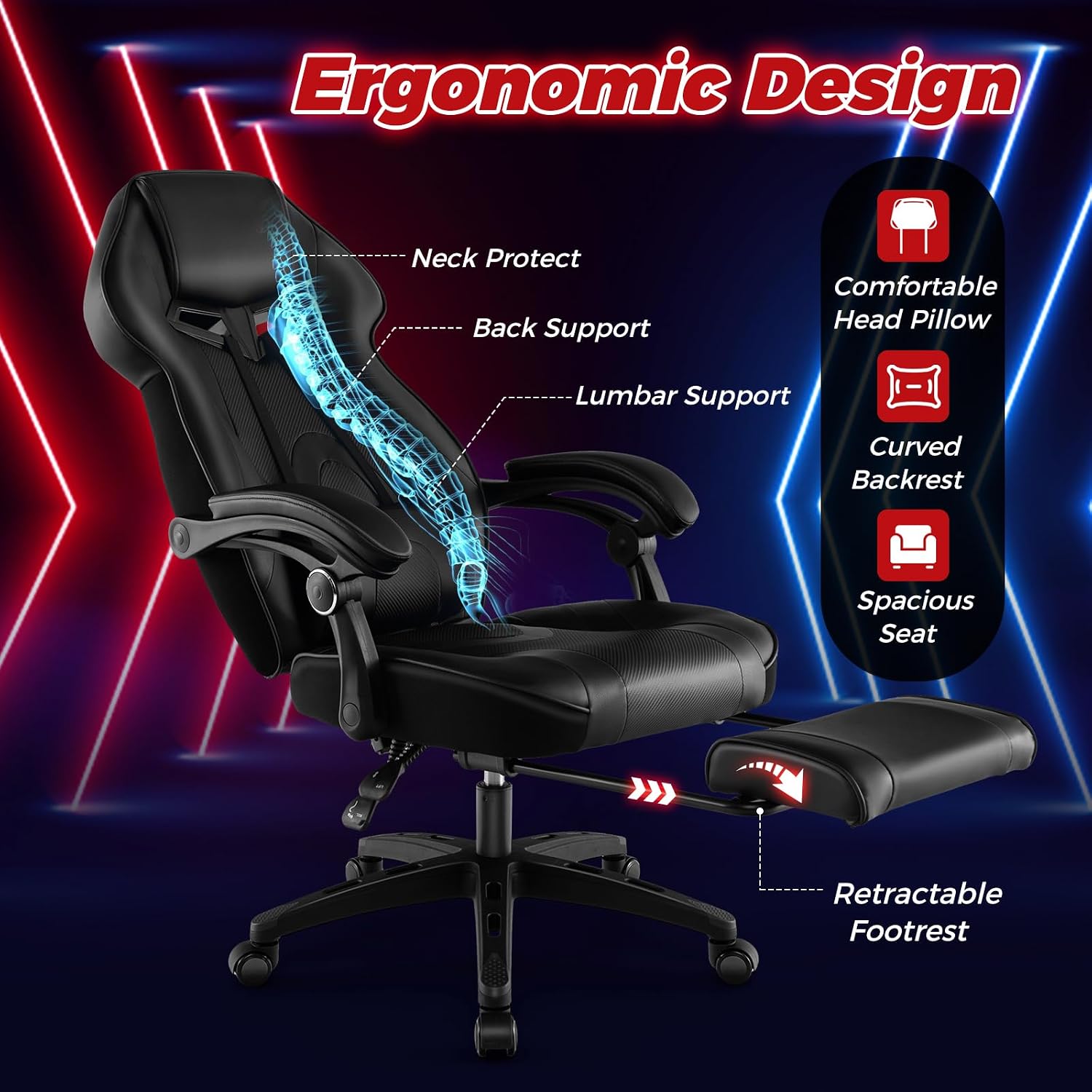 COSTWAY Gaming Chair, Ergonomic Adjustable Racing Video Game Chair w/Retractable Footrest, Padded Headrest & Lumbar Support, High Back Reclining Home Office Computer Gamer Chair for Adults (Black)
