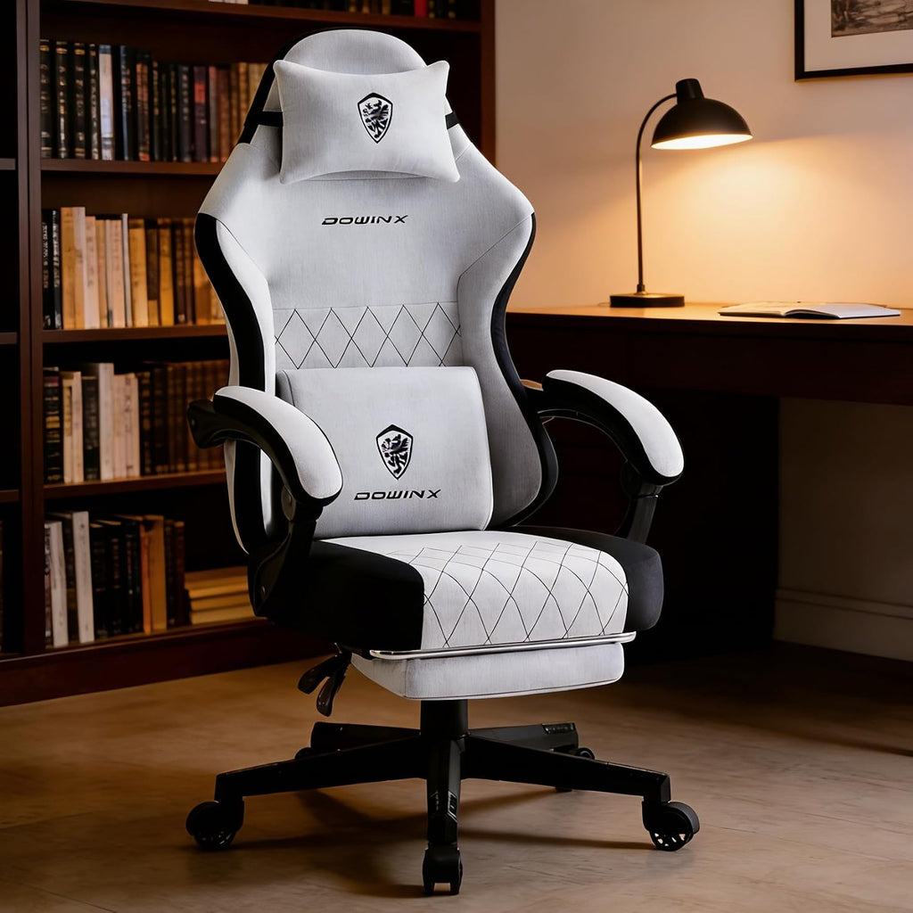 Dowinx Gaming Chair with Pocket Spring Cushion, Massage Lumbar Pillow & Footrest, Wide Seat with Padded Armrests, Breathable Fabric, Reclining Computer Chair for Home Office-Black and Gray
