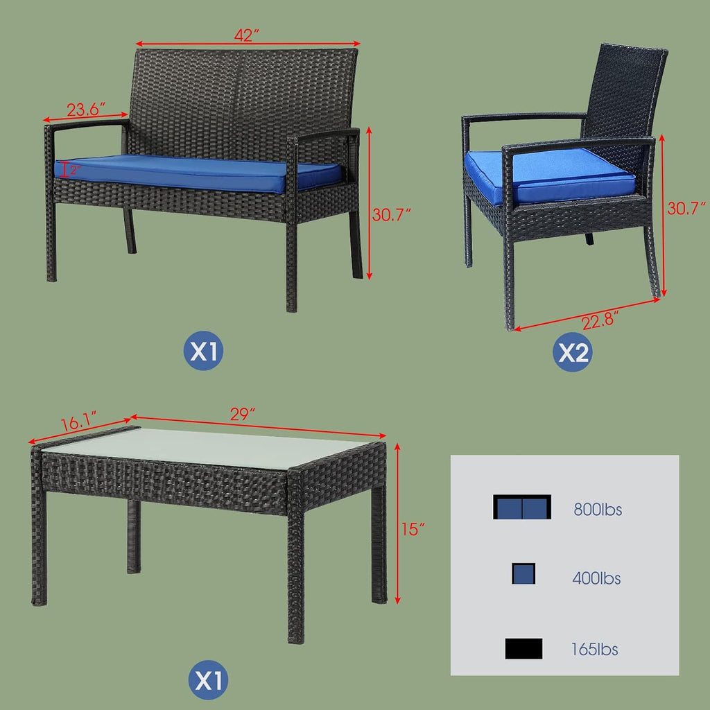 PAOLFOX4 Piece Outdoor Patio Furniture Set, Rattan Patio Conversation Set with Table,Modern Wicker Chairs and Table Sets,Outdoor Furniture for Porch, Garden, Lawn, Blue