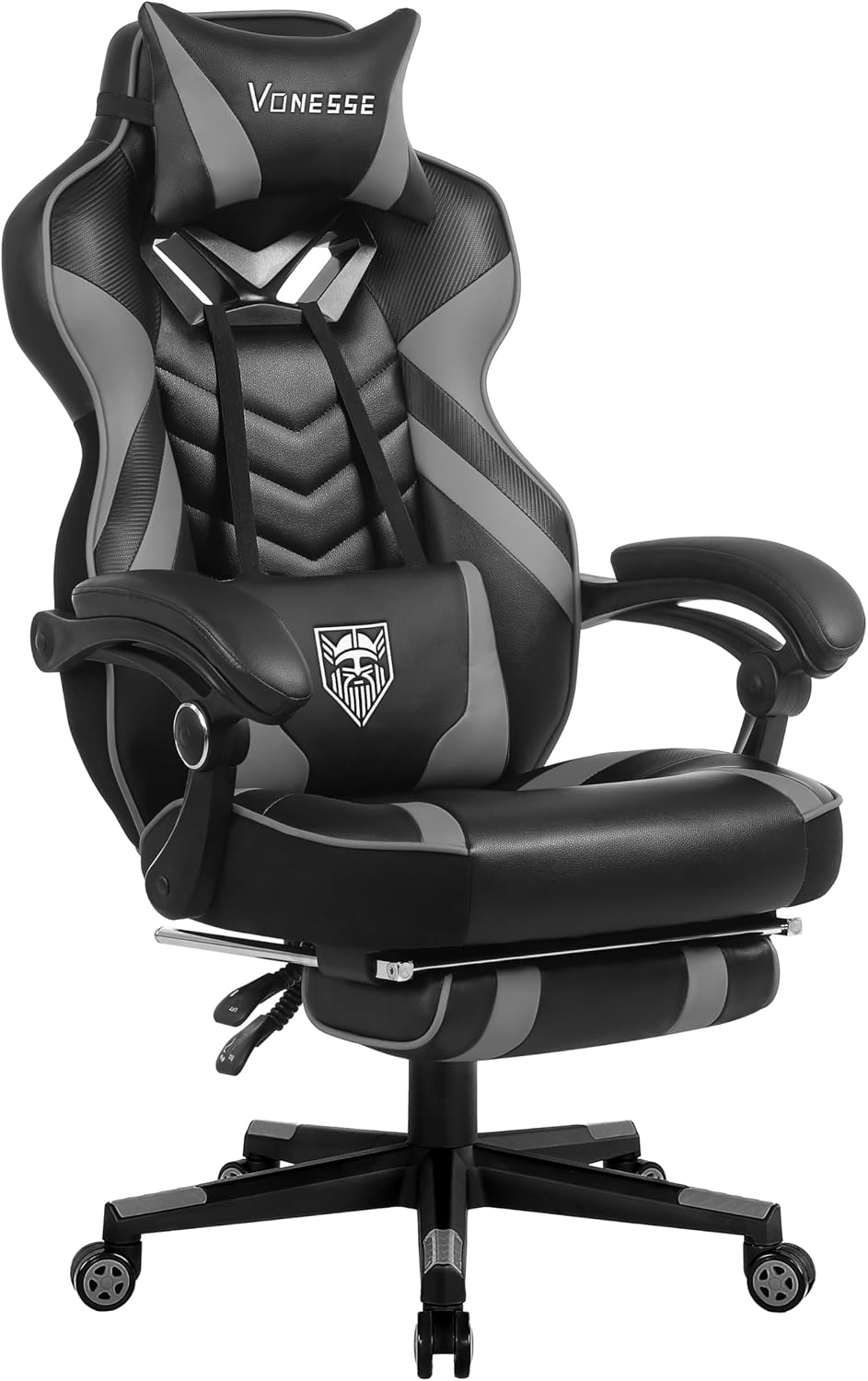 Vonesse Gaming Chair, Big and Tall Gaming Chair with Footrest and Massage, Gaming Chairs for Adults with Lumbar Support, Ergonomic High Back Computer Chair with Pocket Spring Cushion (Grey/Black)