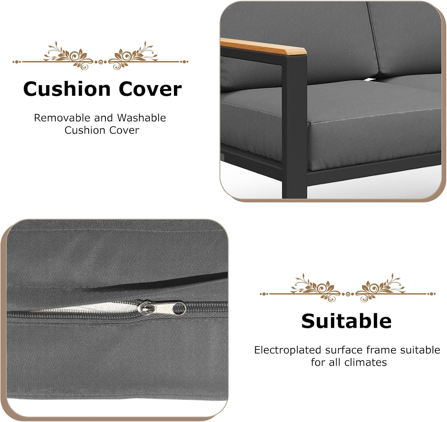 4-Piece Outdoor Patio Furniture Set, Metal Conversation Sofa Set with Deep Cushions & Wood-Like Armrests, Modern Patio Seating with Coffee Table for Garden, Porch, Balcony, Backyard (Black)