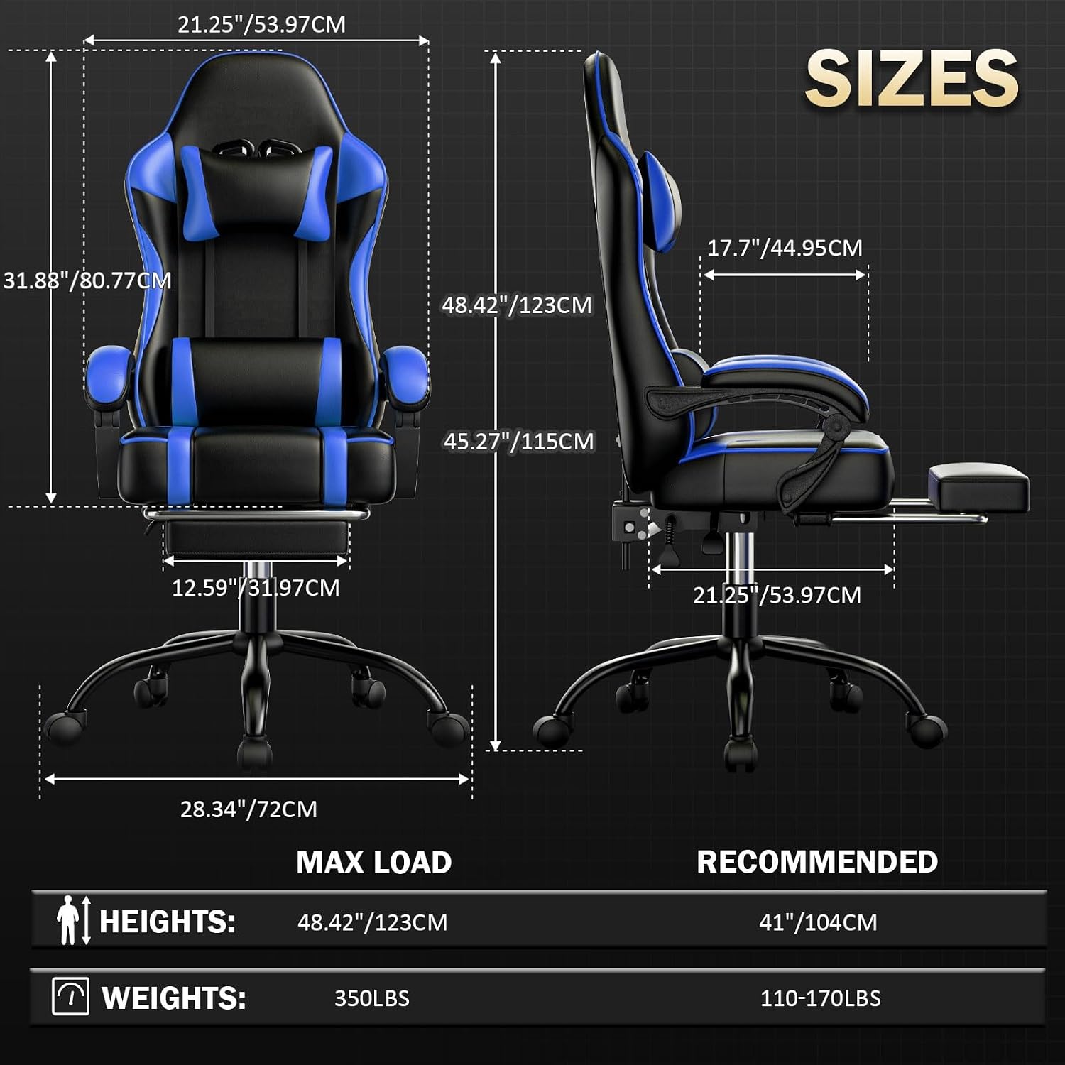 Ergonomic Gaming Chair with Footrest, PU Leather Video Game Chairs for Adults, 360°Swivel Adjustable Office Chair Gamer Chair, Comfortable Computer Chair for Heavy People (Blue)