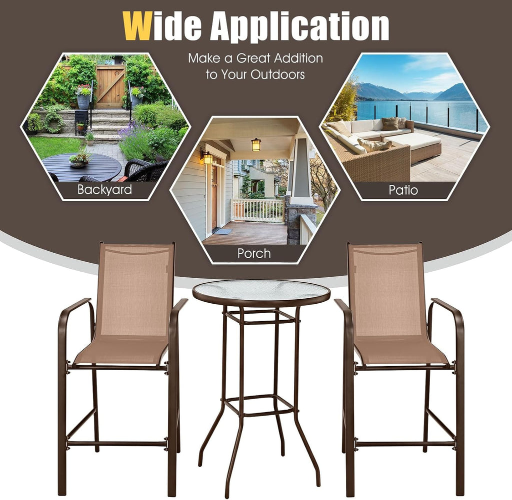 Tangkula 3 Pieces Outdoor Patio Bar Set, Outdoor Bistro Set with 2 Bar Stools and 1 Tempered Glass Bar Table, Bar Height Patio Table and Stools Set for Backyard, Garden, Lawn (Coffee)