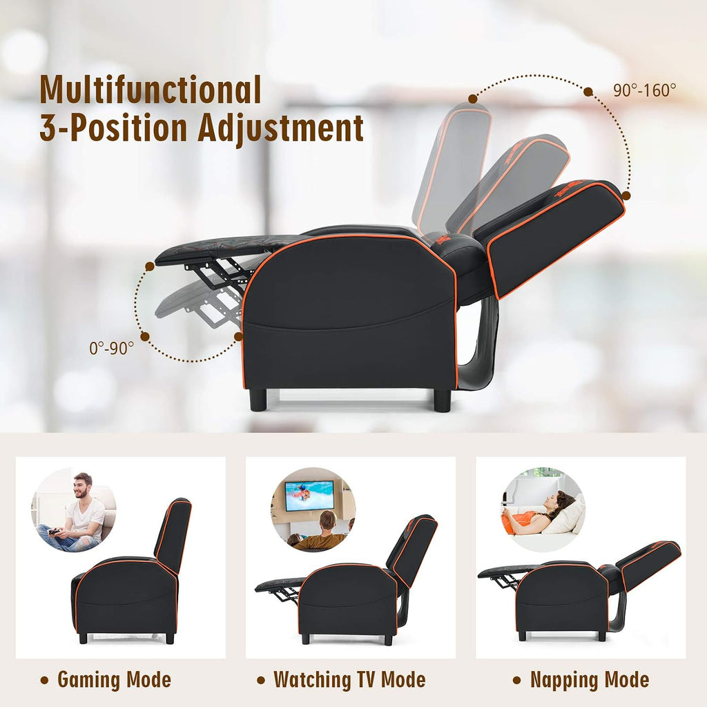 GYMAX Massage Gaming Recliner Chair, Ergonomic Racing Style Single Sofa with Adjustable Headrest, Backrest & Footrest, Home Theater Sofa for Living Room Office (Orange)