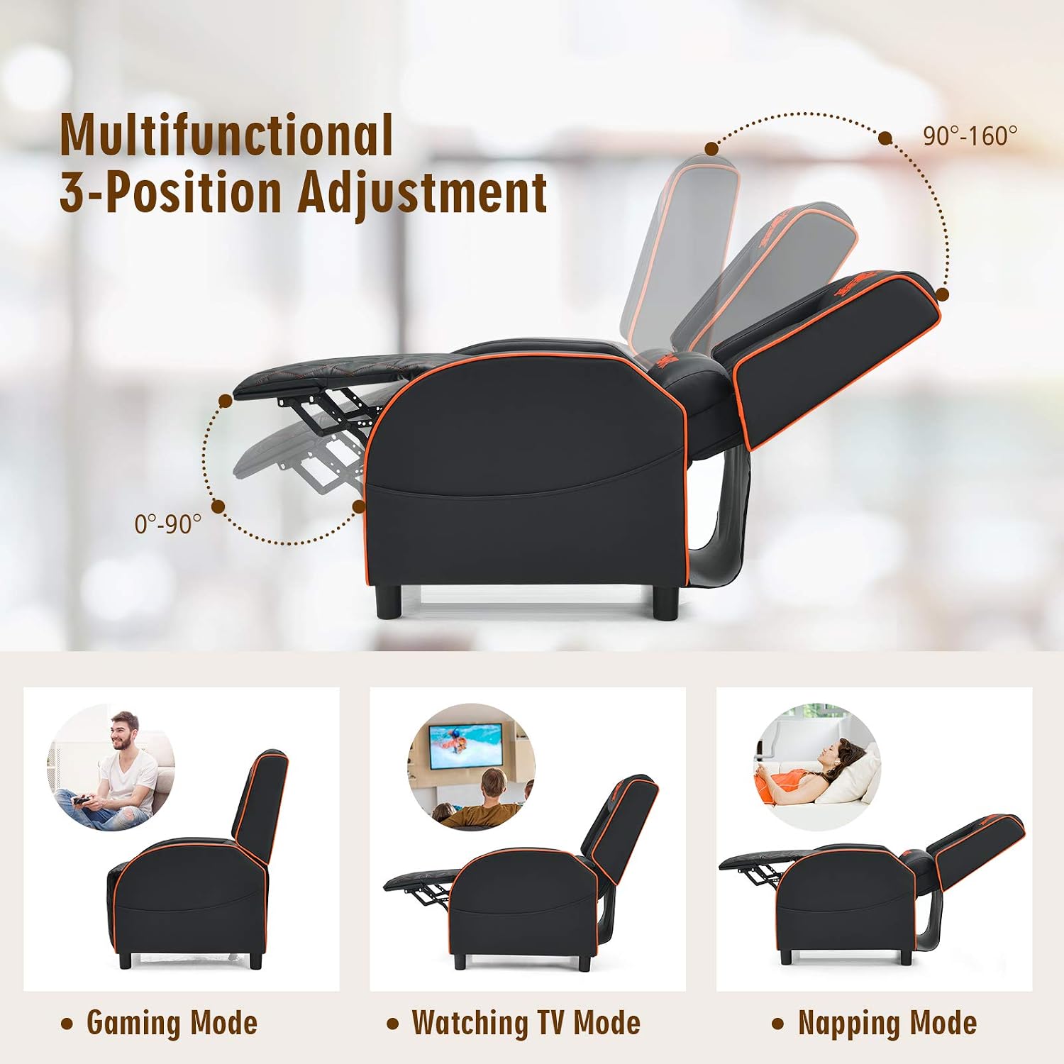 GYMAX Massage Gaming Recliner Chair, Ergonomic Racing Style Single Sofa with Adjustable Headrest, Backrest & Footrest, Home Theater Sofa for Living Room Office (Orange)