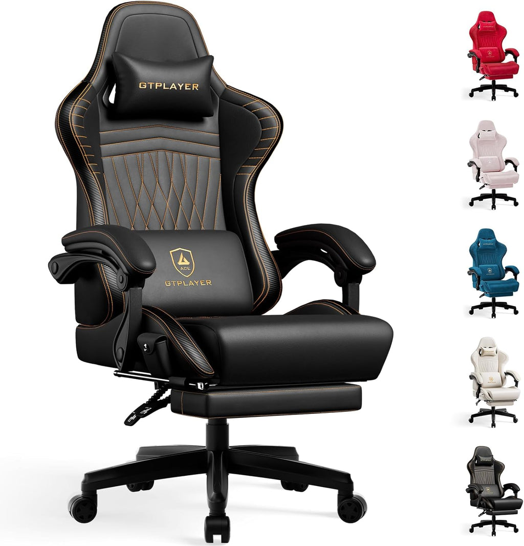 GTPLAYER Gaming Chair with Speakers, Video Game Chairs with Footrest, PC Gamer Chairs for Adults - Padded High Back Ergonomic Reclining Silla Gamer, Linkage Armrest, Ace Pro, Black & Orange Stitch