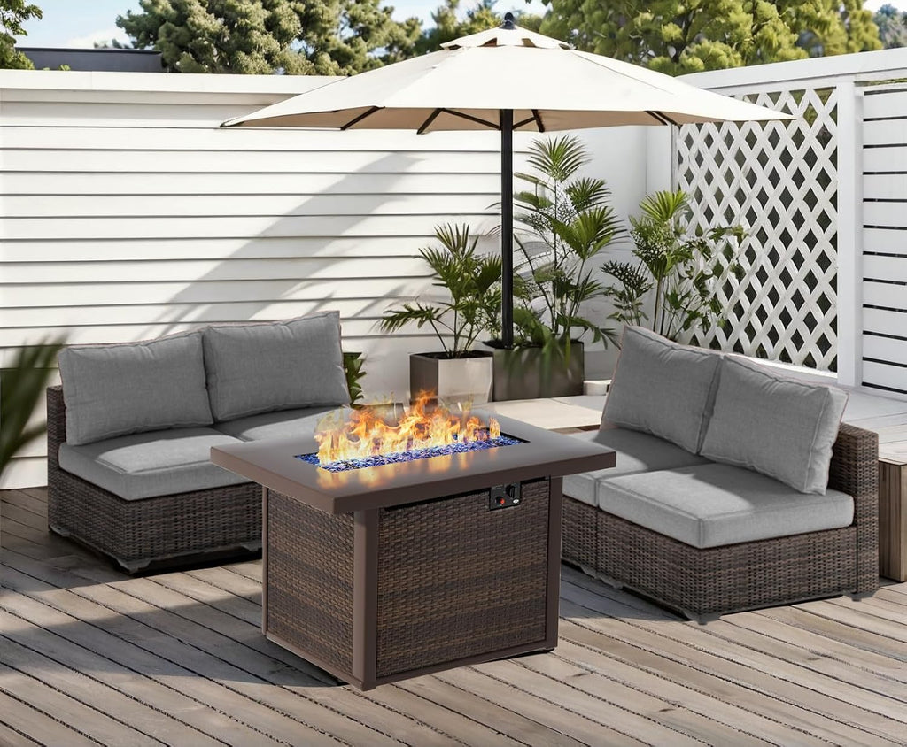 5 Piece Patio Furniture Set with Fire Pit Table, Outdoor Sectional Sofa PE Rattan, Patio Conversation Sets with Cushions for Garden Lawn Balcony Porch Deck Grey