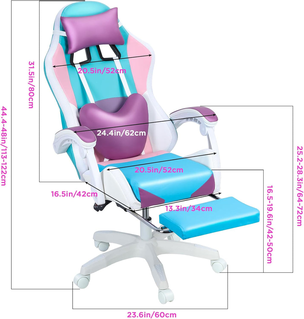 Gaming Chair, Bluetooth Gaming Chair with LED Lights and Footrest, Height Adjustable Computer Chair Lumbar Support for Adults (Purple, Without Speakers)