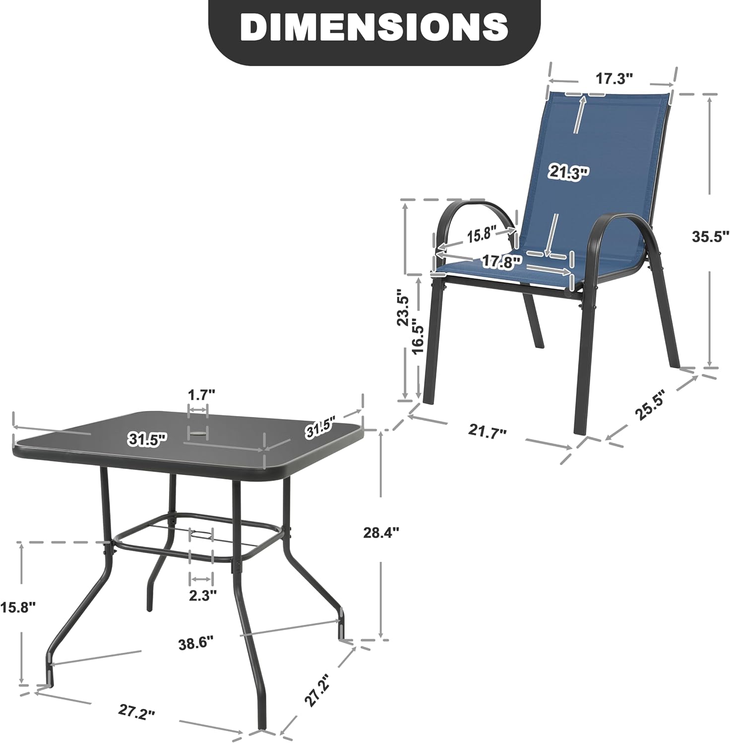 NUU GARDEN 5 Piece Patio Dining Set, 31.5 Inch Square Metal Table with Umbrella Hole and 4 Stackable Chairs, Outdoor Dining Furniture for Lawn Balcony Garden, Black and Blue