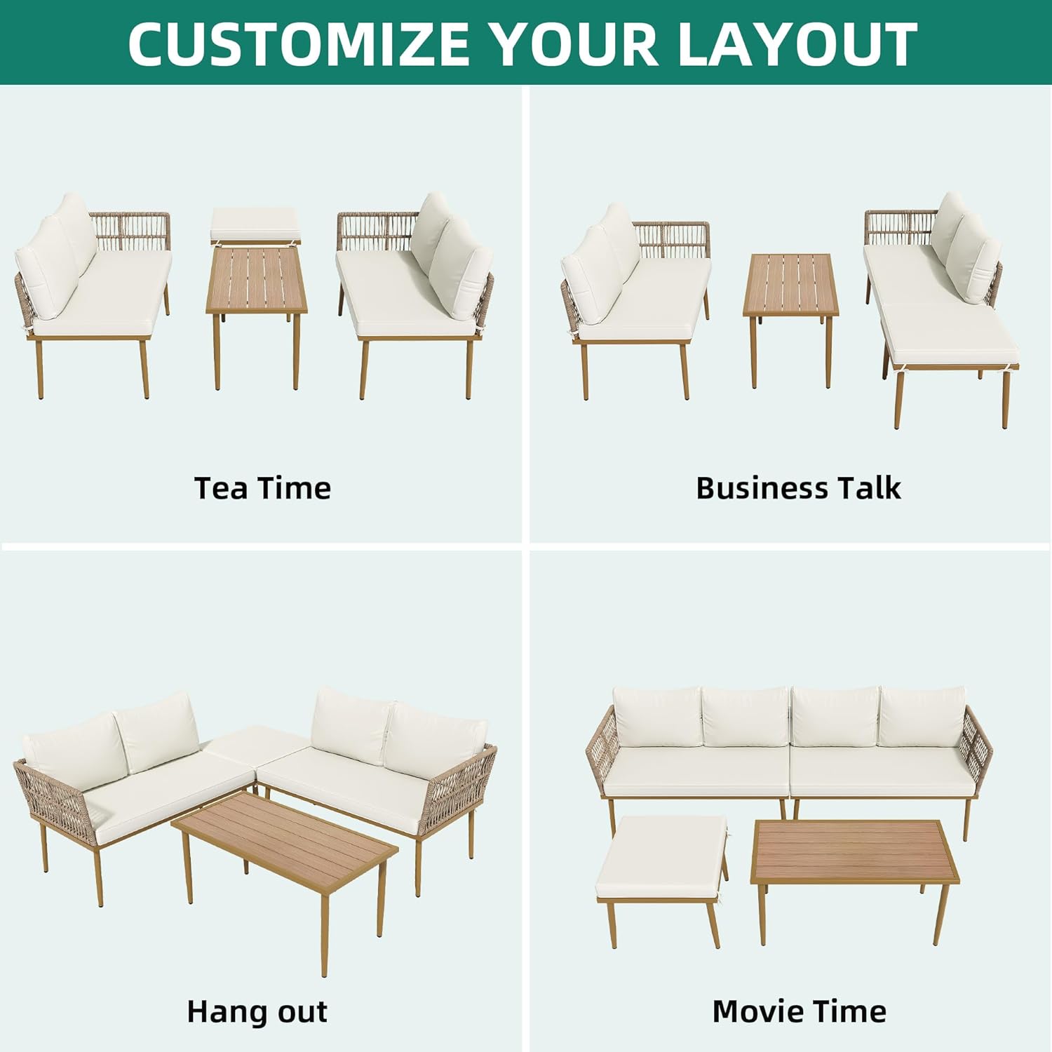 YITAHOME 6 Pieces Patio Furniture Set with Coffee Table & Washable Cushions, Wicker Rattan Conversation Sectional Set for Garden Yard Pool Beige