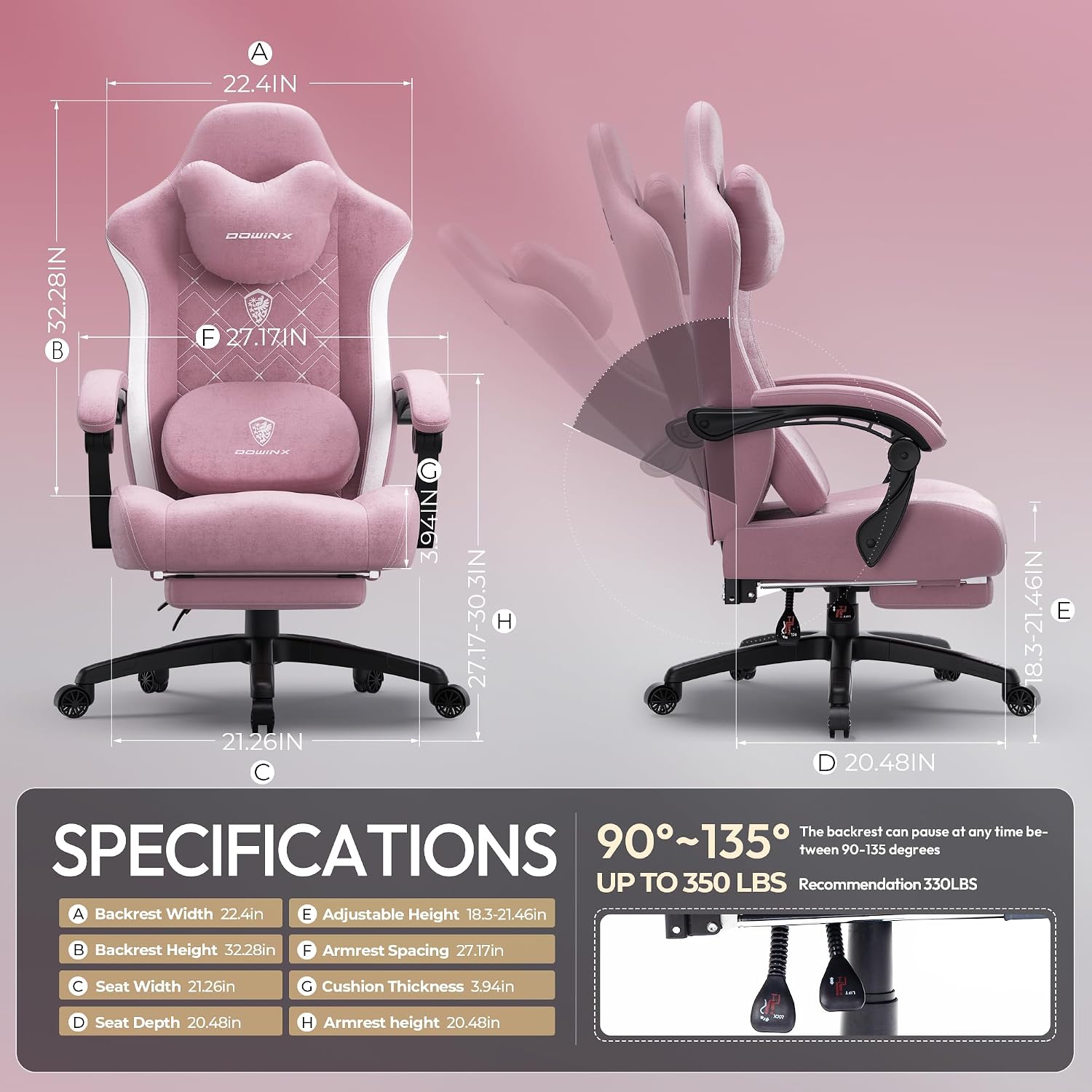 Dowinx Gaming Chair with Heated Massage Lumbar Support,Big and Tall Fabric Gaming Chairs for Adults with Footrest, Ergonomic Computer Game Chair with Poket Spring Cushions, 350lbs, Pink