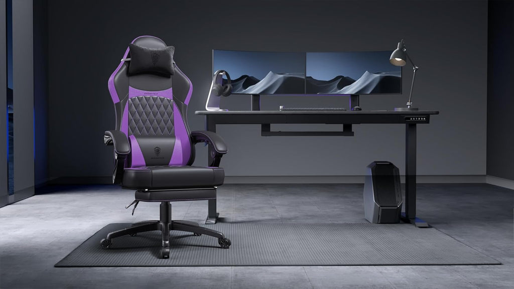 Dowinx Gaming Chair with Pocket Spring Cushion, Ergonomic Computer Chair with Massage Lumbar and Footrest for Adults, High Back Game Chair Leather for Office Gaming 300LBS, Purple New