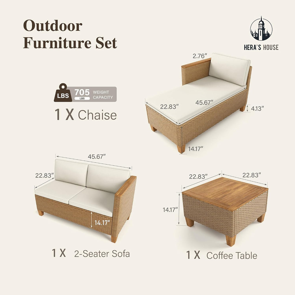 HERA'S HOUSE Small Patio Furniture Set, 3 Pieces Wicker Outdoor Sectional Sets,Yellow Rattan Conversation Set with Sofa and Coffee Table for Garden and Backyard, l Shape Boho Balcony Couch Sets