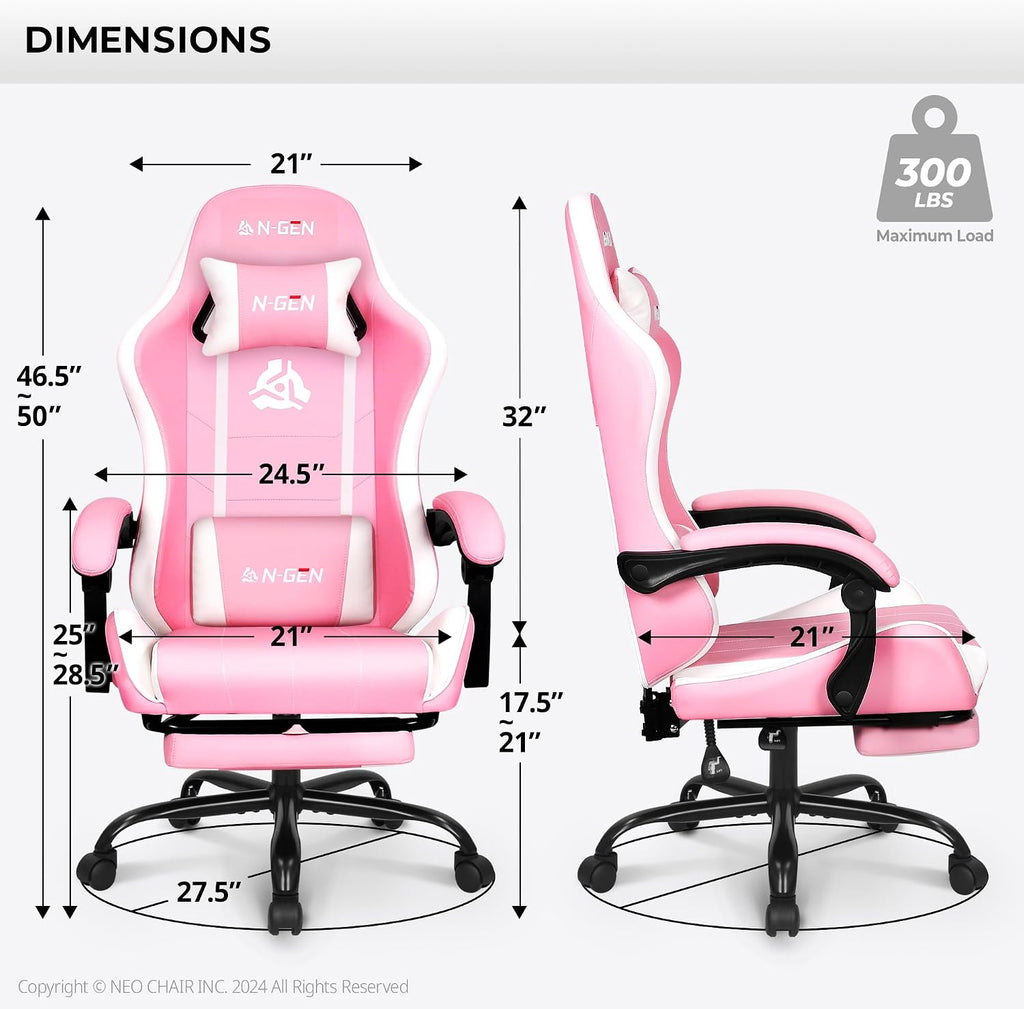 NEO CHAIR Video Gaming Chair with Footrest High Back Ergonomic Comfortable Office Computer Desk with Lumbar Support Height Adjustable with PU Leather Recliner for Adults Women Men (Pink)