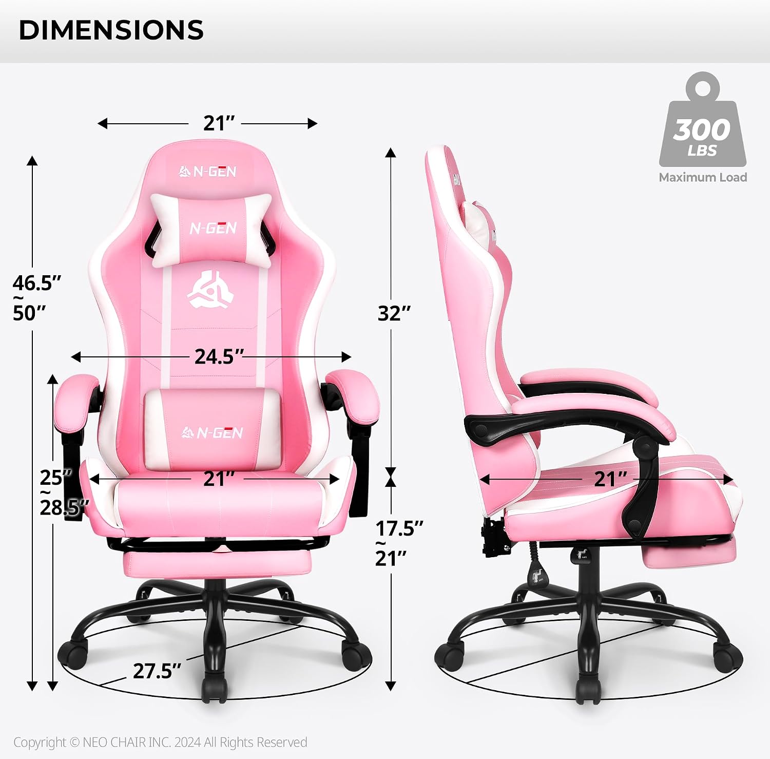 NEO CHAIR Video Gaming Chair with Footrest High Back Ergonomic Comfortable Office Computer Desk with Lumbar Support Height Adjustable with PU Leather Recliner for Adults Women Men (Pink)