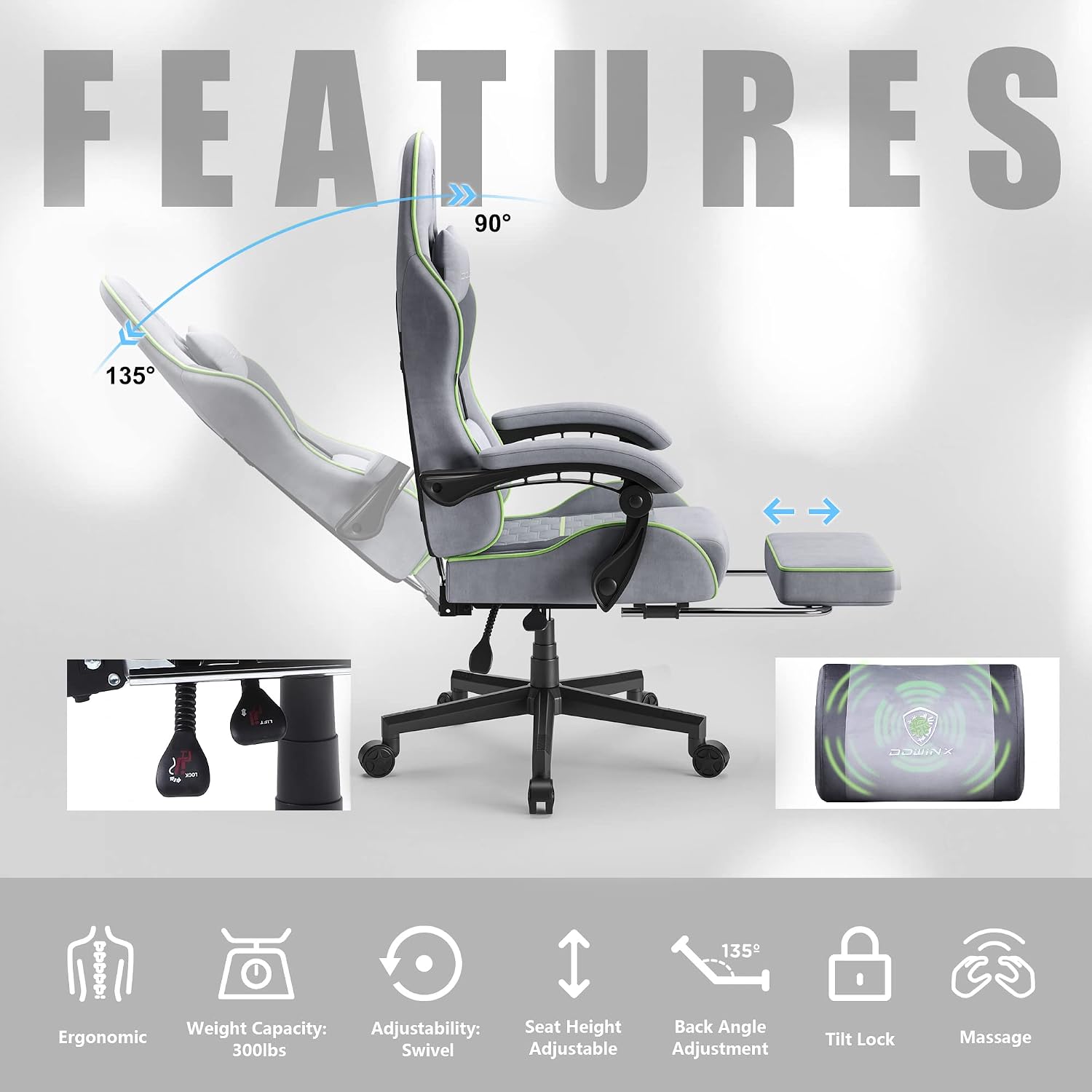 Dowinx Gaming Chair with Pocket Spring Cushion, Computer Office Game Chair, Linkage Armrests and Footrest, High Back Ergonomic Computer Chair with Lumbar Support Task Chair with Footrest(Grey Green)