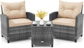 KOTEK 3 Piece Patio Furniture Set, Outdoor PE Rattan Conversation Set with Washable Cushions & Tempered Glass Tabletop, Wicker Chairs and Table Set for Porch, Garden, Balcony (Beige)