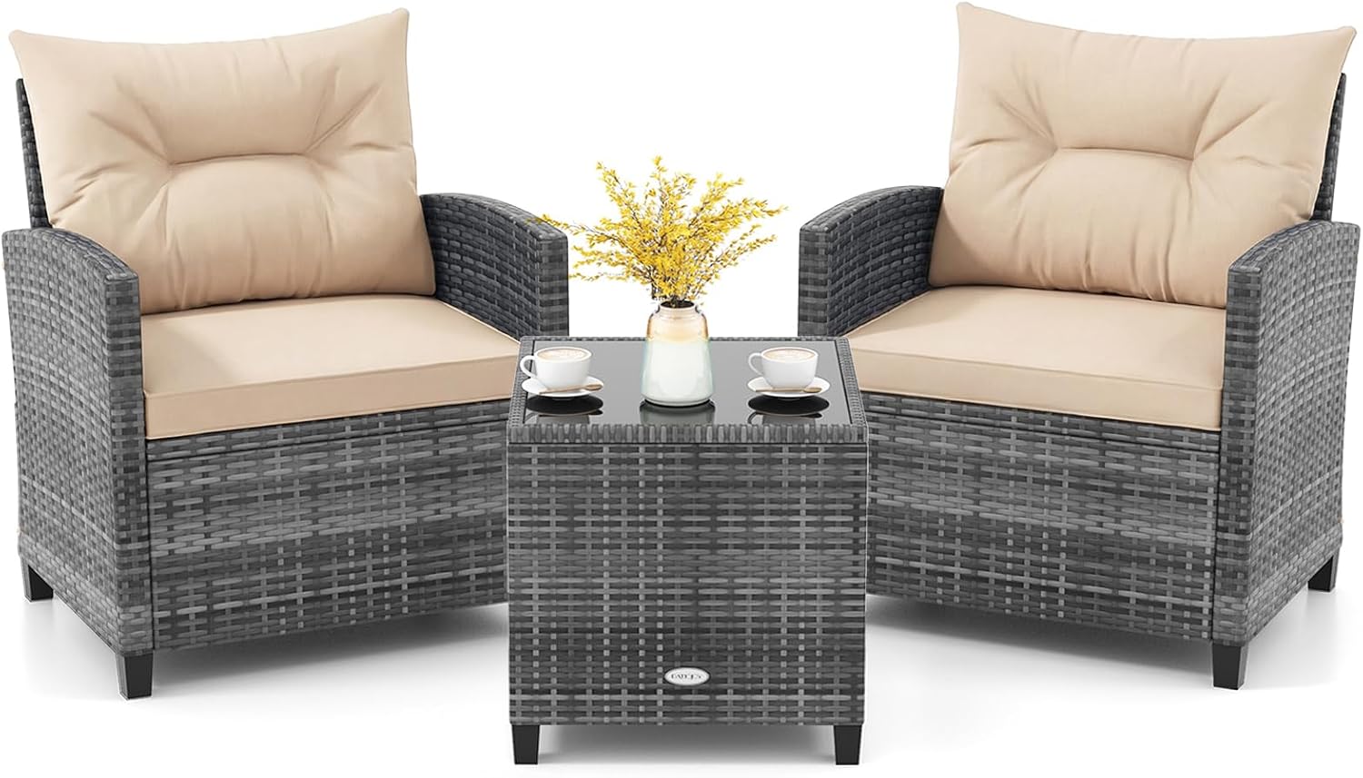KOTEK 3 Piece Patio Furniture Set, Outdoor PE Rattan Conversation Set with Washable Cushions & Tempered Glass Tabletop, Wicker Chairs and Table Set for Porch, Garden, Balcony (Beige)