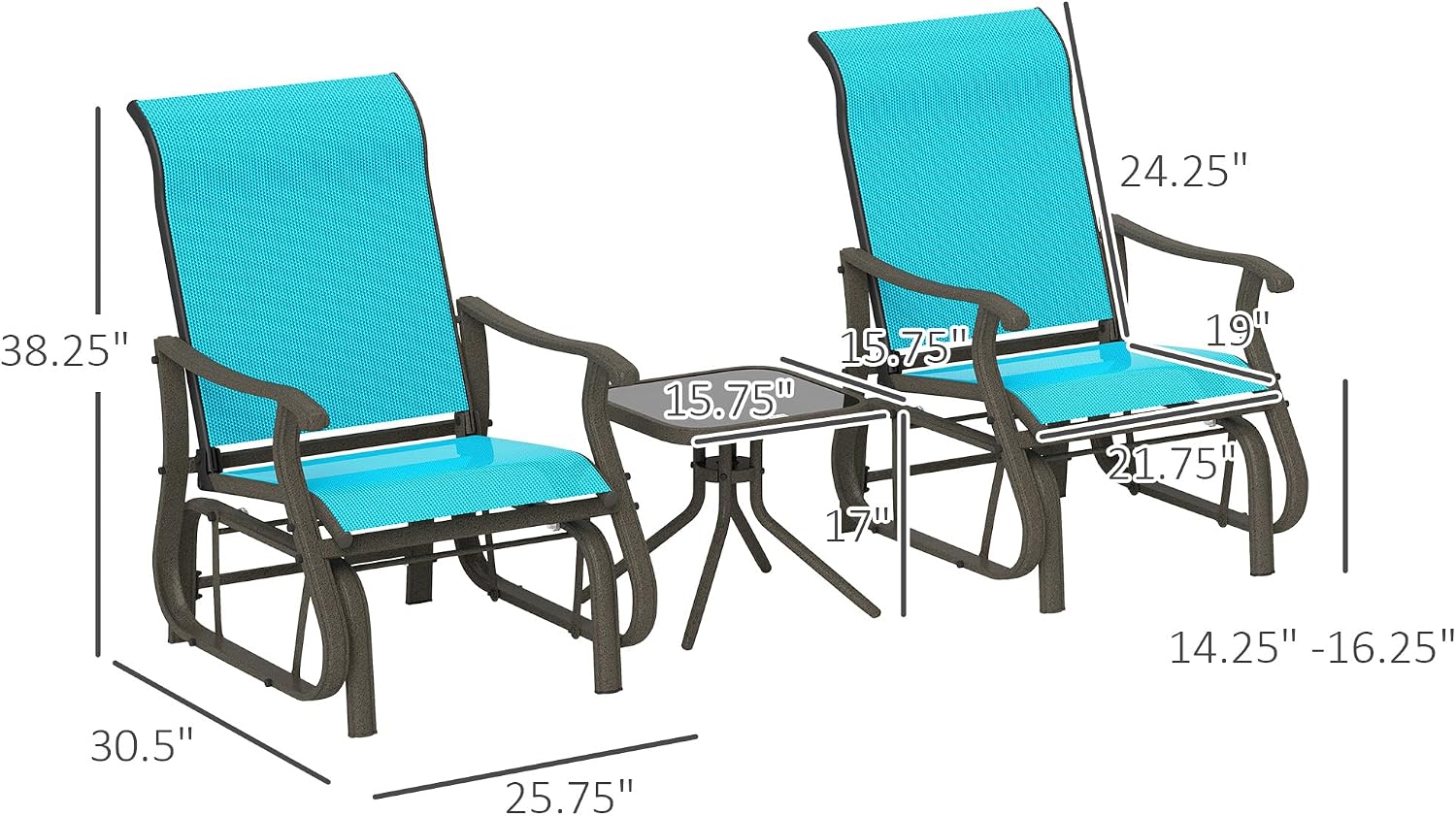 Outsunny 3-Piece Outdoor Gliders Set, Bistro Table and Chairs with Steel Frame, Tempered Glass Top Table for Patio, Garden, Backyard, Lawn, Bright Blue