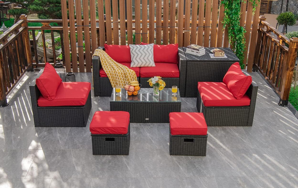 Tangkula 8 Pieces Patio Furniture Set with Waterproof Cover, Patiojoy Space Saving Outdoor PE Rattan Set with Storage Box, Tempered Glass Table, 2 Ottomans, 2 Armless Sofas & Corner Sofas