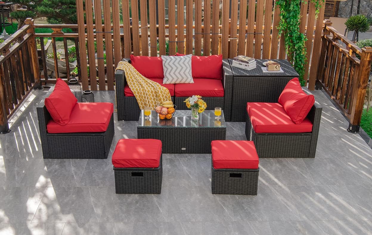 Tangkula 8 Pieces Patio Furniture Set with Waterproof Cover, Patiojoy Space Saving Outdoor PE Rattan Set with Storage Box, Tempered Glass Table, 2 Ottomans, 2 Armless Sofas & Corner Sofas