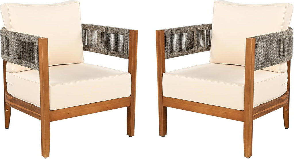 Christopher Knight Home Rekker Acacia Wood Outdoor Club Chair Set of 2, Patio Accent Chair with Removable Cushion, Patio Furniture Set Comfy Reading Chair, Wooden Single Lounge Sofa Set, Teak+Beige