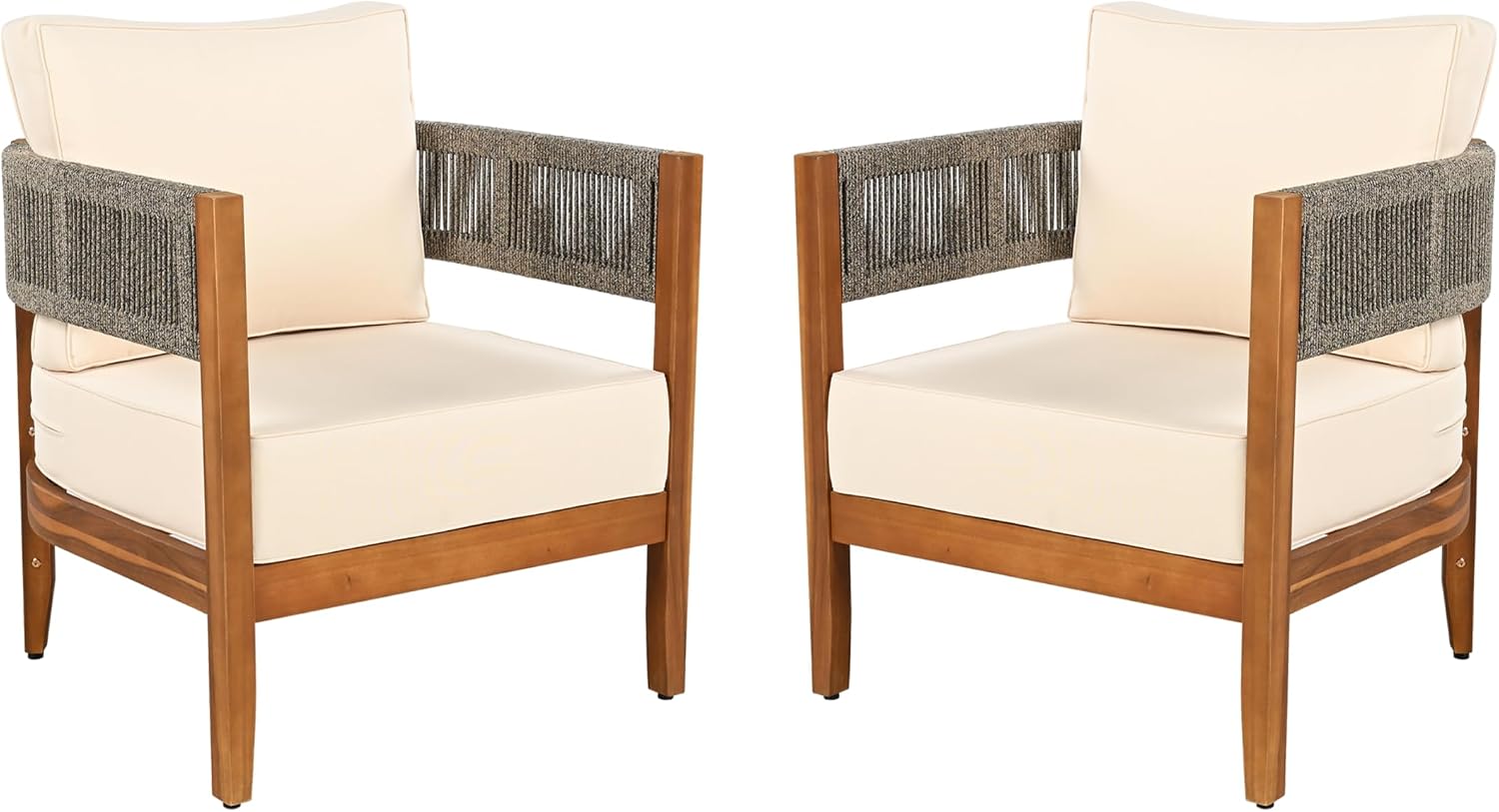 Christopher Knight Home Rekker Acacia Wood Outdoor Club Chair Set of 2, Patio Accent Chair with Removable Cushion, Patio Furniture Set Comfy Reading Chair, Wooden Single Lounge Sofa Set, Teak+Beige