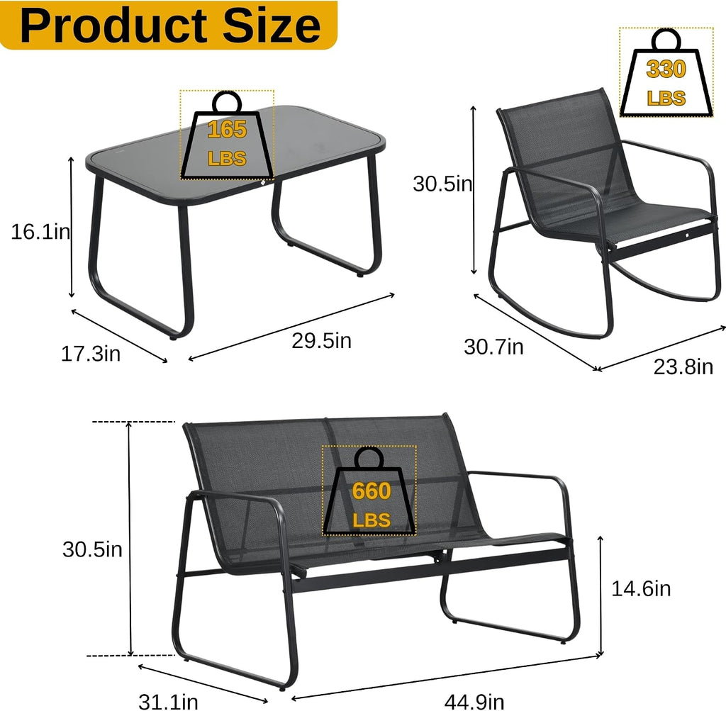 DWVO 4-Piece Patio Furniture Set, Textilene Conversation Set with 2 Rocking Chairs and Tempered Glass Coffee Table, Ideal for Indoor Patio Lawn Garden Poolside, Black
