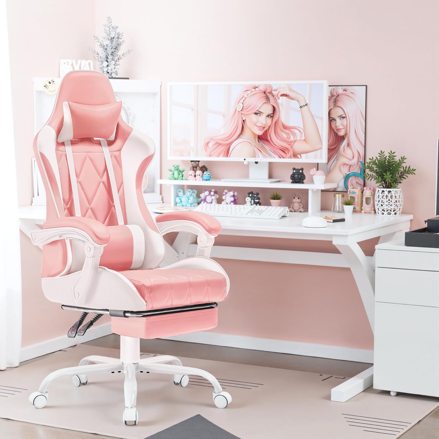 Homall Gaming Chair, Computer Chair with Footrest and Massage Lumbar Support, Ergonomic High Back Video Game Chair with Swivel Seat and Headrest (Pink)