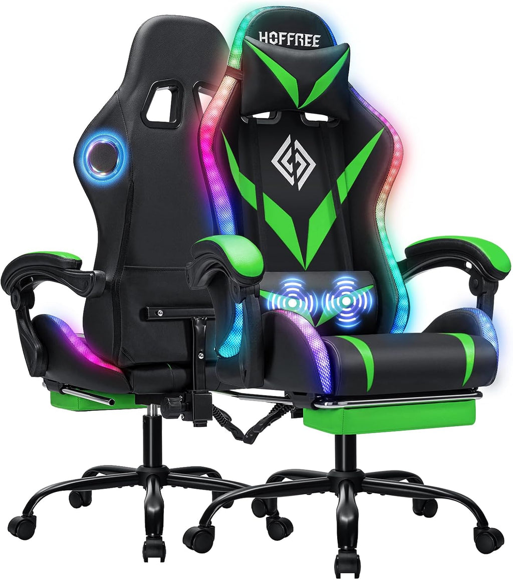 Gaming Chair with Bluetooth Speakers and RGB LED Lights Ergonomic Massage Computer Gaming Chair with Footrest Video Game Chair High Back with Lumbar Support Light Green and Black