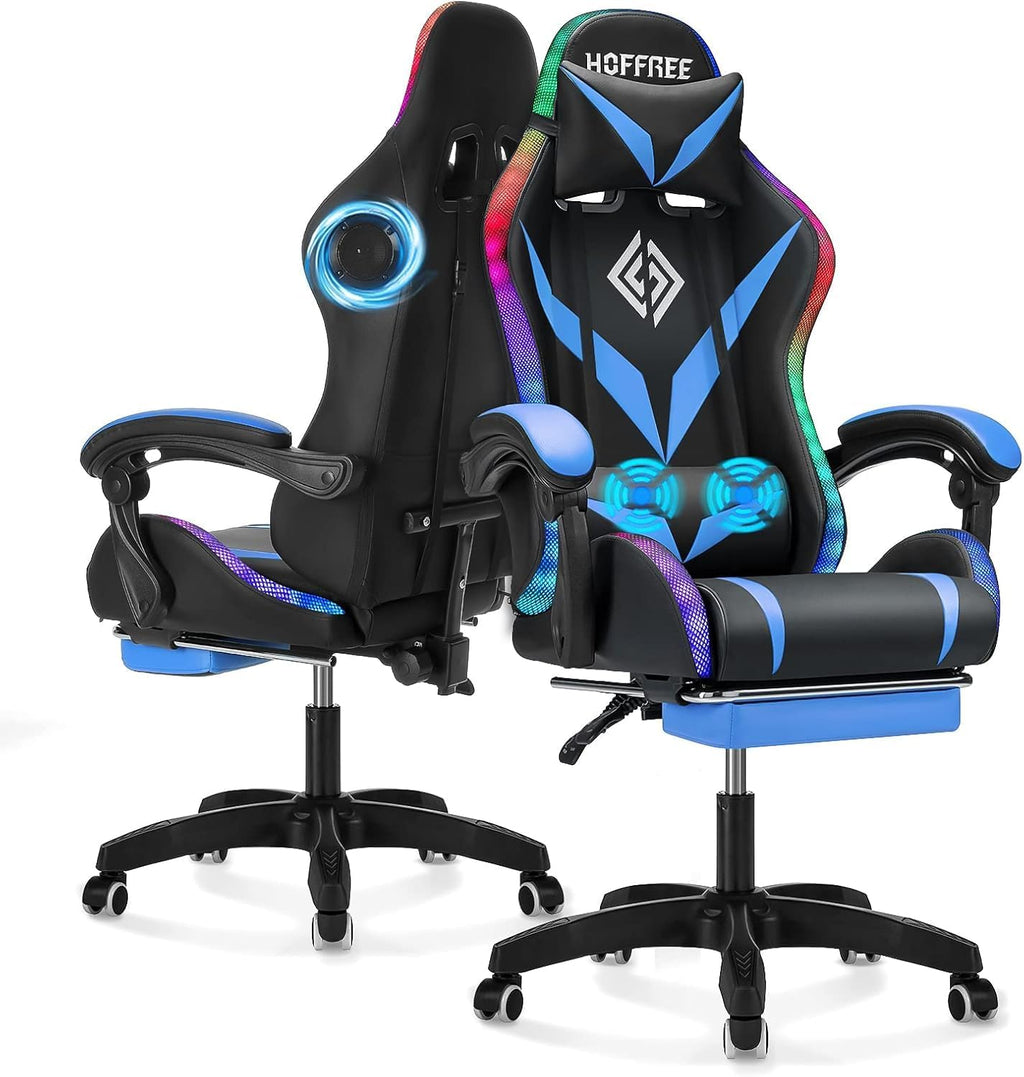 RGB Gaming Chair with Bluetooth Speakers and LED Lights Ergonomic Massage Computer Gaming Chair with Footrest Video Game Chair High Back with Lumbar Support Blue and Black
