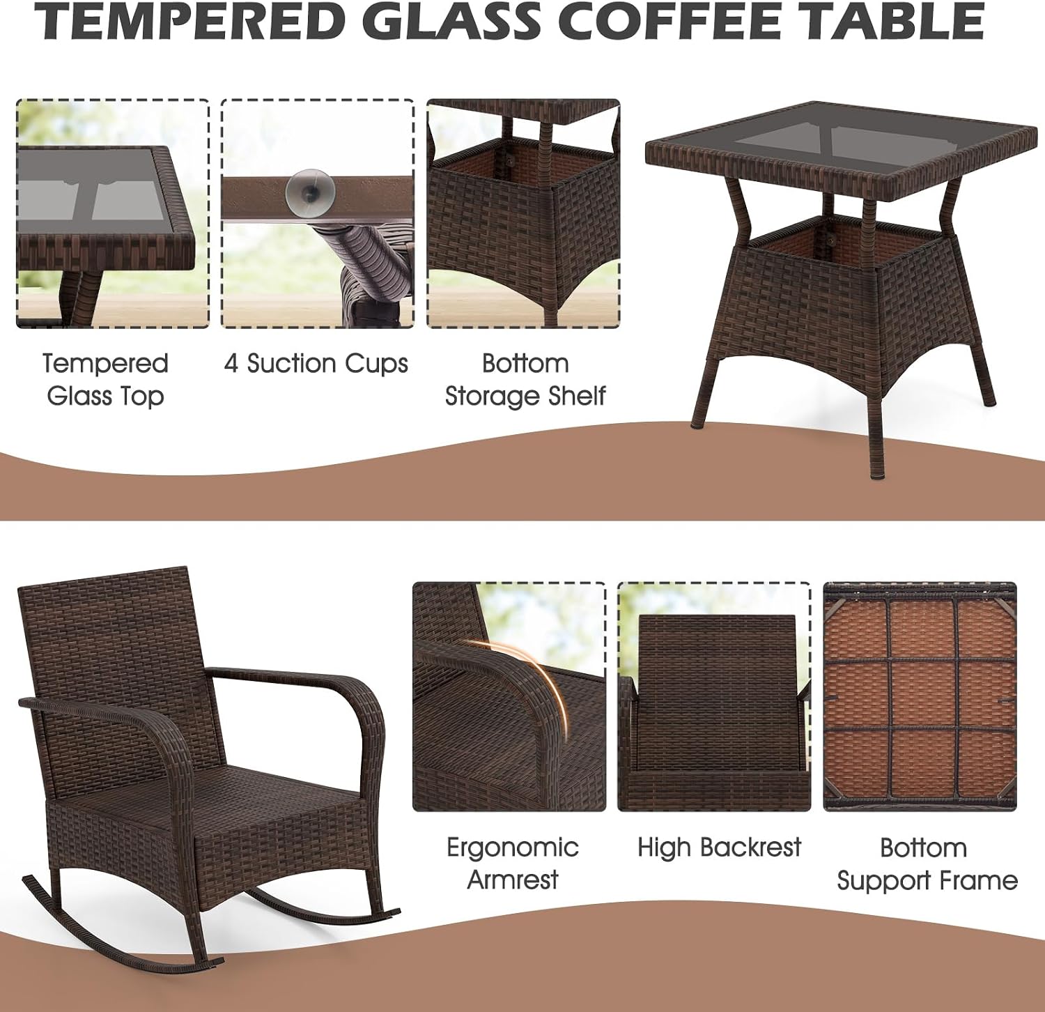 ORALNER 3 Pieces Patio Furniture Set, Outdoor Wicker Rocking Chairs with Cushions, Pillows, Glass Coffee Table, Rattan Bistro Rocker Set for Balcony Front Porch Poolside Garden Deck Yard (Black)