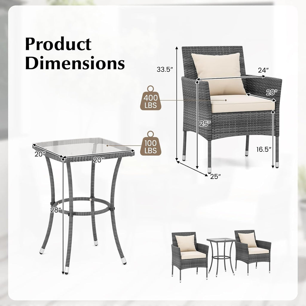 Tangkula 3-Piece Patio Furniture Set, PE Wicker Conversation Bistro Set w/A Tempered Glass Table & 2 Cushioned Chairs, Outdoor Table & Chairs Set for Patio Porch Yard Garden (Mix Gray+Off White)