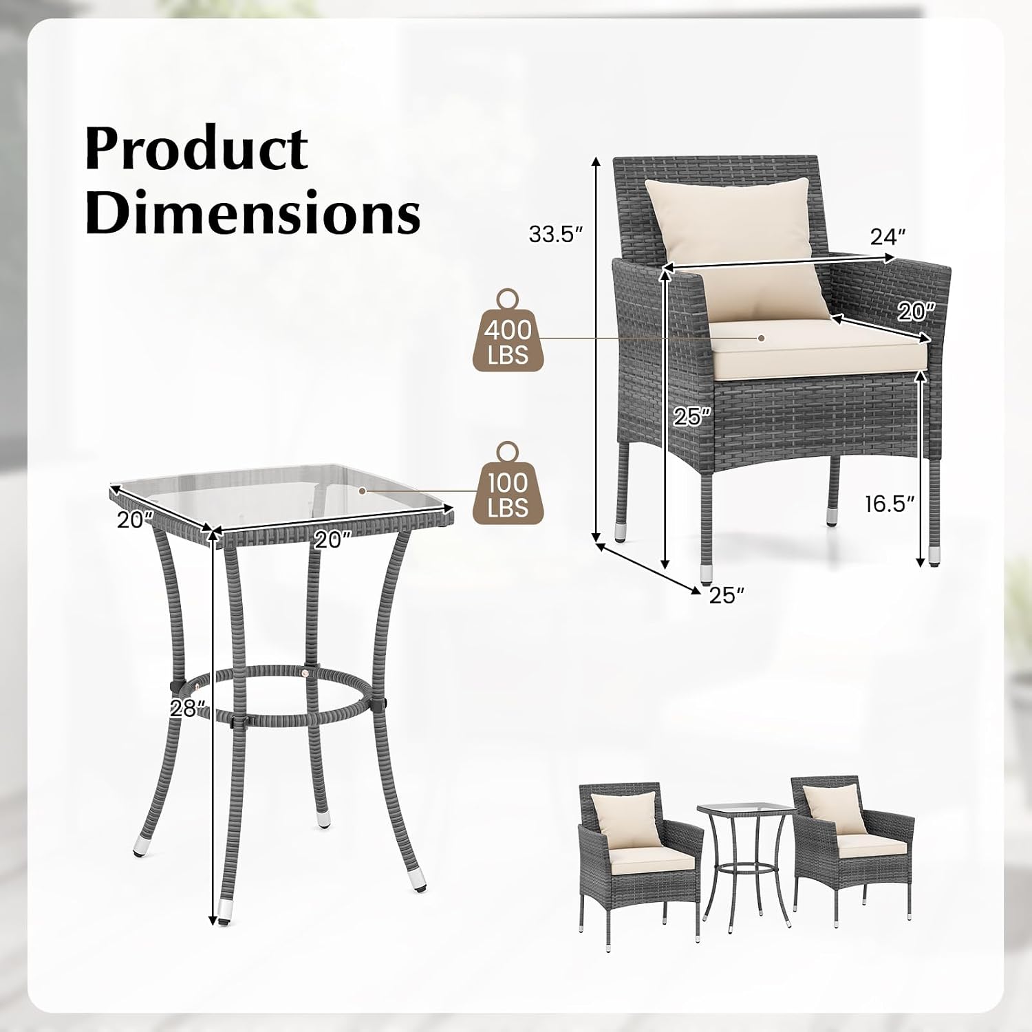 Tangkula 3-Piece Patio Furniture Set, PE Wicker Conversation Bistro Set w/A Tempered Glass Table & 2 Cushioned Chairs, Outdoor Table & Chairs Set for Patio Porch Yard Garden (Mix Gray+Off White)