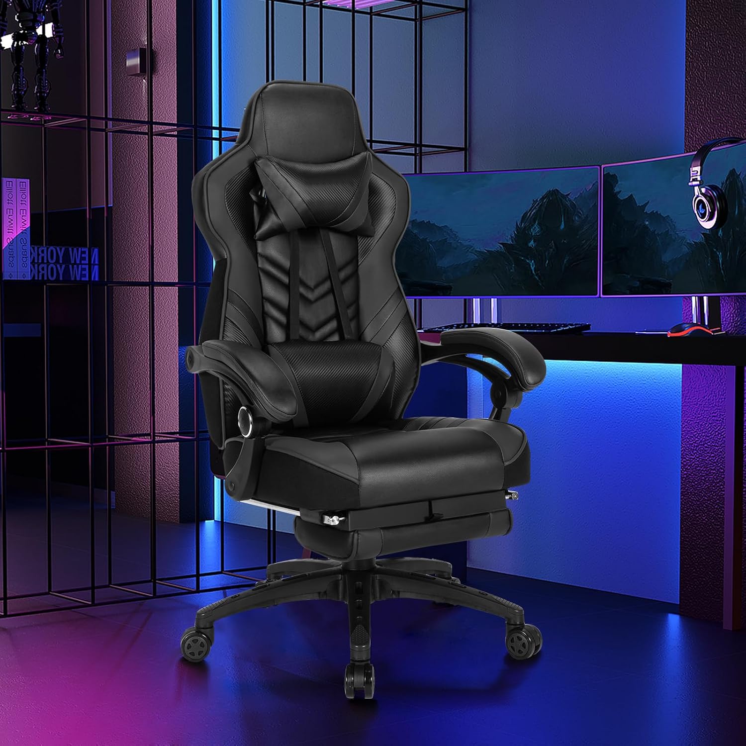 Goplus Gaming Chair, Computer Chair with Footrest and Lumbar Support, Height Adjustable Executive Swivel Rolling Task Chair with 90°-155° Tilt Function (Black)